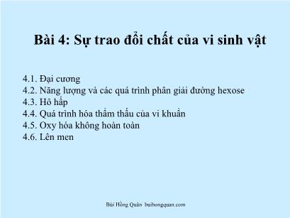 Bài giảng Vi sinh - Bài 4: Sự trao đổi chất của vi sinh vật - Bùi Hồng Quân