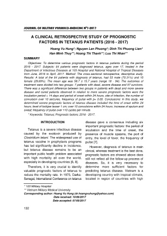 A clinical retrospective study of prognostic factors in tetanus patients (2016 - 2017)