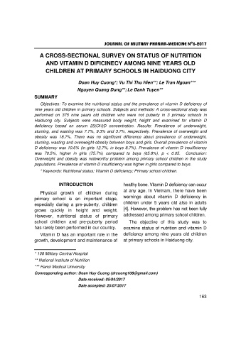 A cross - sectional survey on status of nutrition and vitamin D dificinecy among nine years old children at primary schools in haiduong city