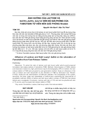 Ảnh hưởng của lactose và natri lauryl sulfat đến độ giải phóng của famotidin từ viên nén giải phóng nhanh