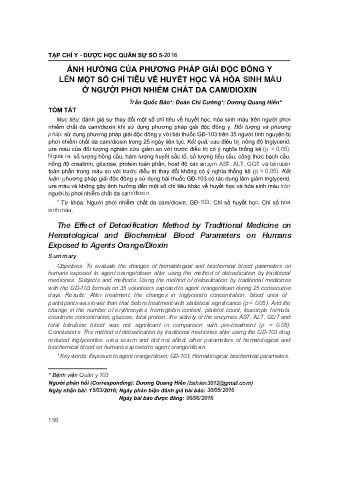 Ảnh hưởng của phương pháp giải độc đông y lên một số chỉ tiêu về huyết học và hóa sinh máu ở người phơi nhiễm chất da cam / dioxin