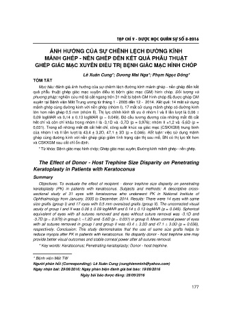 Ảnh hưởng của sự chênh lệch đường kính mảnh ghép - Nền ghép đến kết quả phẫu thuật ghép giác mạc xuyên điều trị bệnh giác mạc hình chóp
