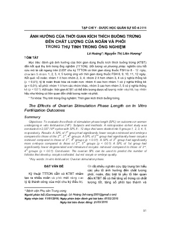 Ảnh hưởng của thời gian kích thích buồng trứng đến chất lượng của noãn và phôi trong thụ tinh trong ống nghiệm