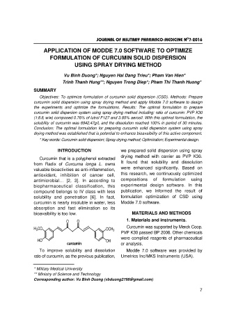 Application of modde 7.0 software to optimize formulation of curcumin solid dispersion using spray drying method