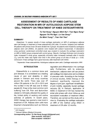 Assessment of results of knee cartilage restoration in mri of autologous adipose stem cell therapy on treatment of knee osteoarthritis