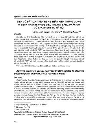 Biến cố bất lợi trên hệ hệ thần kinh trung ương ở bệnh nhân hiv/aids điều trị arv bằng phác đồ có efavirenz tại Hà Nội