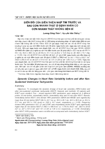 Biến đổi của biến thiên nhịp tim trước và sau cơn nhanh thất ở bệnh nhân có cơn nhanh thất không bền bỉ