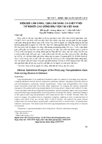 Biến đổi lâm sàng, cận lâm sàng ca ghép phổi từ người cho sống đầu tiên tại Việt Nam