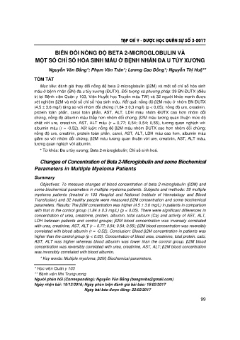 Biến đổi nồng độ βeta 2 - microglobulin và một số chỉ số hóa sinh máu ở bệnh nhân đa u tủy xương