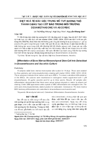 Biệt hoá tế bào gốc trung mô tuỷ xương thỏ thành dạng tạo cốt bào trong môi trường dexamethasone và ascorbic