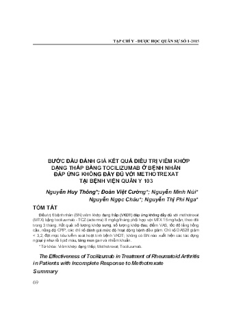 Bước đầu đánh giá kết quả điều trị viêm khớp dạng thấp bằng tocilizumab ở bệnh nhân đáp ứng không đầy đủ với methotrexat tại bệnh viện quân y 103