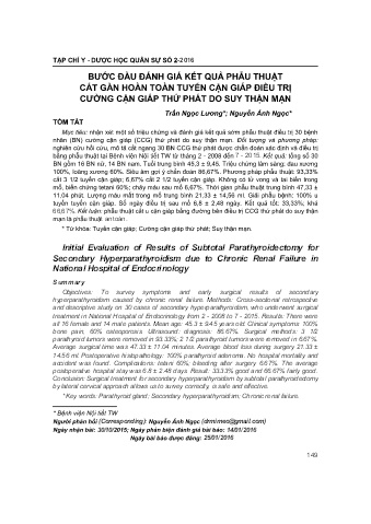 Bước đầu đánh giá kết quả phẫu thuật cắt gần hoàn toàn tuyến cận giáp điều trị cường cận giáp thứ phát do suy thận mạn