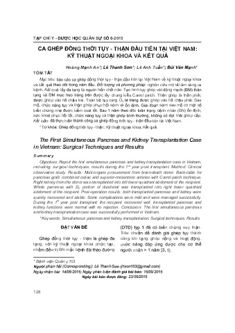 Ca ghép đồng thời tụy - Thận đầu tiên tại Việt Nam: Kỹ thuật ngoại khoa và kết quả