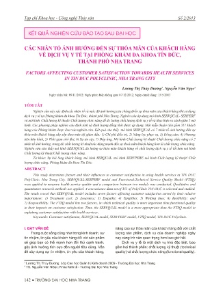 Các nhân tố ảnh hưởng đến sự thỏa mãn của khách hàng về dịch vụ y tế tại phòng khám đa khoa Tín Đức, Thành phố Nha Trang