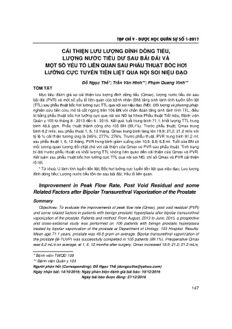 Cải thiện lưu lượng đỉnh dòng tiểu, lượng nước tiểu dư sau bãi đái và một số yếu tố liên quan sau phẫu thuật bốc hơi lưỡng cực tuyến tiền liệt qua nội soi niệu đạo