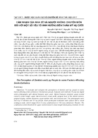 Cảm nhận của nha sỹ và người không chuyên môn đối với một số yếu tố ảnh hưởng đến thẩm mỹ nụ cười