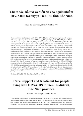 Chăm sóc, hỗ trợ và điều trị cho người nhiễm HIV/AIDS tại huyện Tiên Du, tỉnh Bắc Ninh