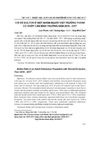 Chỉ số bolton ở một nhóm người Việt trưởng thành có khớp cắn bình thường năm 2016 - 2017