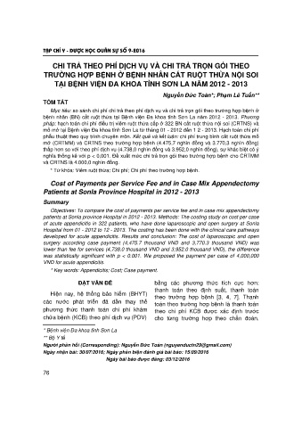 Chi trả theo phí dịch vụ và chi trả trọn gói theo trường hợp bệnh ở bệnh nhân cắt ruột thừa nội soi tại bệnh viện đa khoa tỉnh Sơn La năm 2012 - 2013