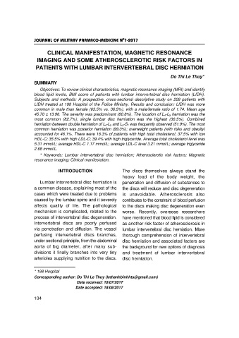 Clinical manifestation, magnetic resonance imaging and some atherosclerotic risk factors in patients with lumbar intervertebral disc herniation
