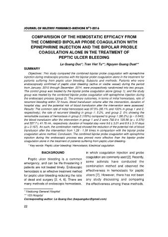 Comparision of the hemostatic efficacy from the combined bipolar probe coagulation with epinephrine injection and the bipolar proble coagulation alone in the treatment of peptic ulcer bleeding