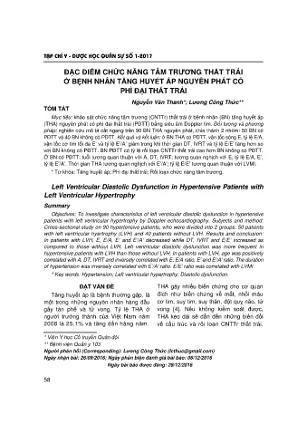Đặc điểm chức năng tâm trương thất trái ở bệnh nhân tăng huyết áp nguyên phát có phì đại thất trái