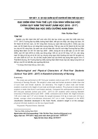 Đặc điểm hình thái thể lực của sinh viên đại học chính quy năm thứ nhất (năm học 2016 - 2017) trường đại học điều dưỡng Nam Định