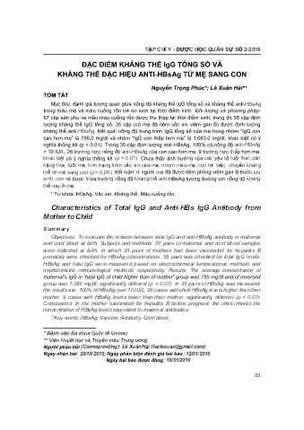 Đặc điểm kháng thể igg tổng số và kháng thể đặc hiệu Anti - Hbsag từ mẹ sang con