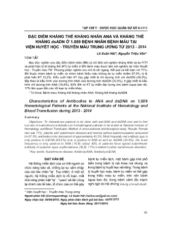 Đặc điểm kháng thể kháng nhân ANA và kháng thể kháng dsadn ở 1.889 bệnh nhân bệnh máu tại viện huyết học - Truyền máu trung ương từ 2013 - 2014