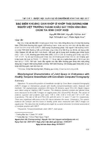 Đặc điểm khoảng gian khớp ở khớp thái dương hàm người Việt trưởng thành khảo sát trên hình ảnh chùm tia hình chóp khối