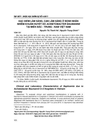 Đặc điềm lâm sàng, cận lâm sàng ở bệnh nhân nhiễm khuẩn huyết do acinetobacter baumannii tại miền bắc - Trung - Nam Việt Nam