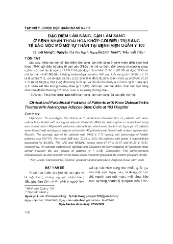 Đặc điểm lâm sàng, cận lâm sàng ở bệnh nhân thoái hóa khớp gối điều trị bằng tế bào gốc mô mỡ tự thân tại bệnh viện quân y 103