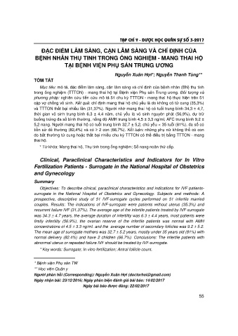 Đặc điểm lâm sàng, cận lâm sàng và chỉ định của bệnh nhân thụ tinh trong ống nghiệm - Mang thai hộ tại bệnh viện phụ sản trung ương