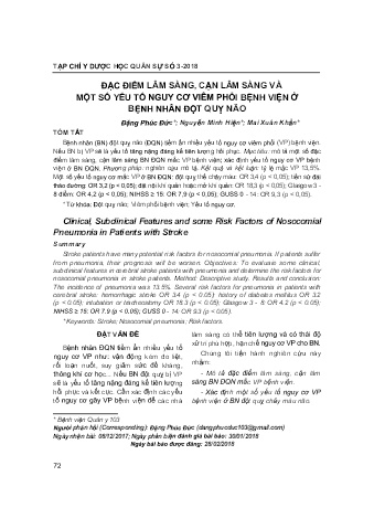 Đặc điểm lâm sàng, cận lâm sàng và một số yếu tố nguy cơ viêm phổi bệnh viện ở bệnh nhân đột quỳ não