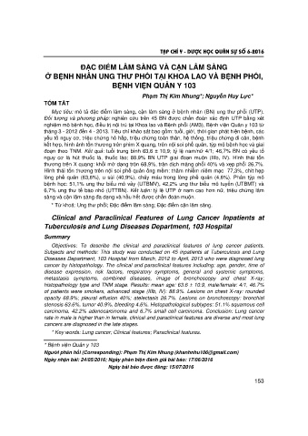Đặc điểm lâm sàng và cận lâm sàng ở bệnh nhân ung thư phổi tại khoa lao và bệnh phổi, bệnh viện quân y 103