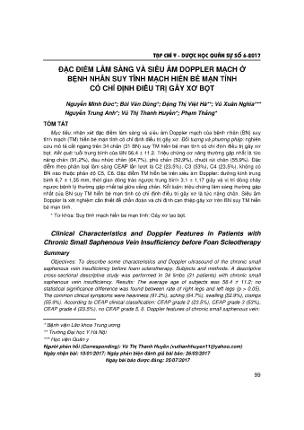 Đặc điểm lâm sàng và siêu âm doppler mạch ở bệnh nhân suy tĩnh mạch hiển bé mạn tính có chỉ định điều trị gây xơ bọt