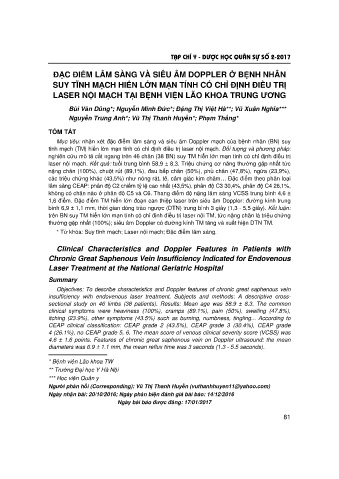 Đặc điểm lâm sàng và siêu âm doppler ở bệnh nhân suy tĩnh mạch hiển lớn mạn tính có chỉ định điều trị laser nội mạch tại bệnh viện lão khoa trung ương