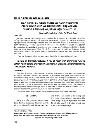 Đặc điểm lâm sàng, X quang răng vĩnh viễn chưa đóng cuống trước điều trị nội nha ở khoa răng miệng, bệnh viện quân y 103