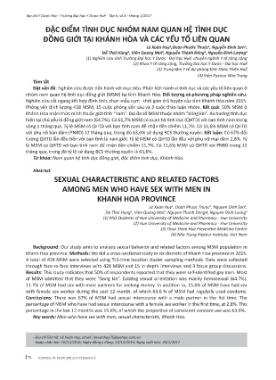 Đặc điểm tình dục nhóm nam quan hệ tình dục đồng giới tại Khánh Hòa và các yếu tố liên quan