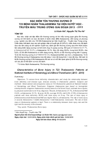 Đặc điểm tổn thương xương ở 723 bệnh nhân thalassemia tại viện huyết học - Truyền máu trung ương giai đoạn 2013 - 2015