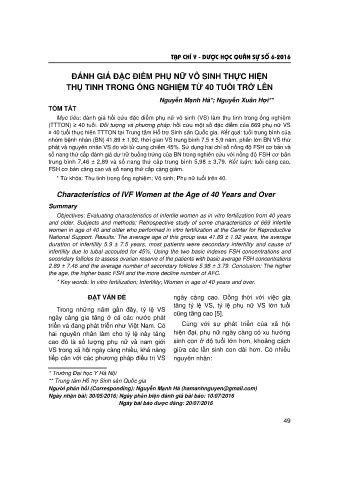 Đánh giá đặc điểm phụ nữ vô sinh thực hiện thụ tinh trong ống nghiệm từ 40 tuổi trở lên