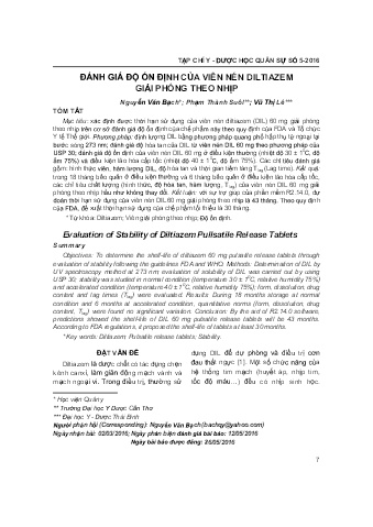 Đánh giá độ ổn định của viên nén diltiazem giải phóng theo nhịp
