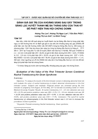 Đánh giá giá trị của khoảng sáng sau gáy trong sàng lọc huyết thanh mẹ ba tháng đầu của thai kỳ để phát hiện thai hội chứng down