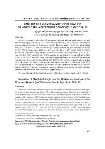Đánh giá góc mũi môi và mối tương quan với độ nghiêng mũi, môi trên của người việt tuổi từ 18 - 25
