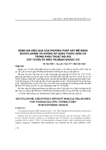 Đánh giá hiệu quả của phương pháp gây mê bằng sevoflurane và không sử dụng thuốc giãn cơ trong phẫu thuật nội soi cắt tuyến ức điều trị bệnh nhược cơ
