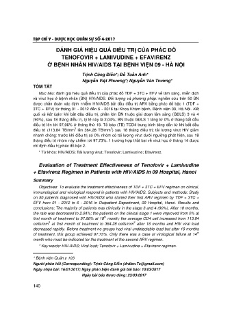 Đánh giá hiệu quả điều trị của phác đồ tenofovir + lamivudine + efavirenz ở bệnh nhân hiv/aids tại bệnh viện 09 - Hà Nội