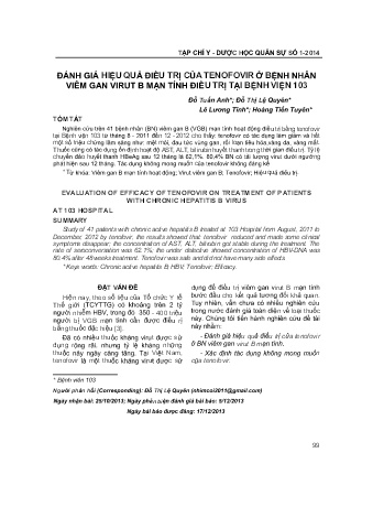 Đánh giá hiệu quả điều trị của tenofovir ở bệnh nhân viêm gan virut b mạn tính điều trị tại bệnh viện 103