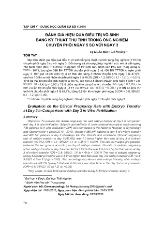 Đánh giá hiệu quả điều trị vô sinh bằng kỹ thuật thụ tinh trong ống nghiệm chuyển phôi ngày 5 so với ngày 3