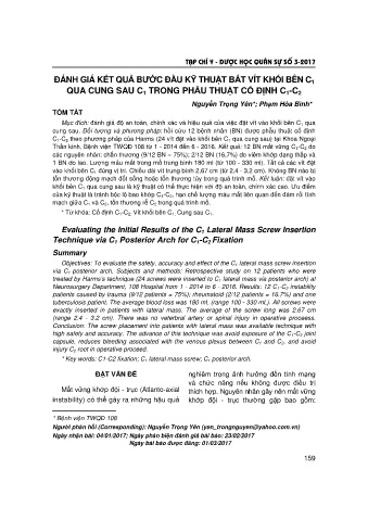 Đánh giá kết quả bước đầu kỹ thuật bắt vít khối bên C1 qua cung sau C1 trong phẫu thuật cố định C1 - C2