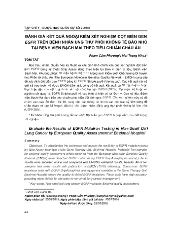Đánh giá kết quả ngoại kiểm ét nghiệm đột biến gen egfr trên bệnh nhân ung thư phổi không tế bào nhỏ tại bệnh viện bạch mai theo tiêu chuẩn Châu Âu